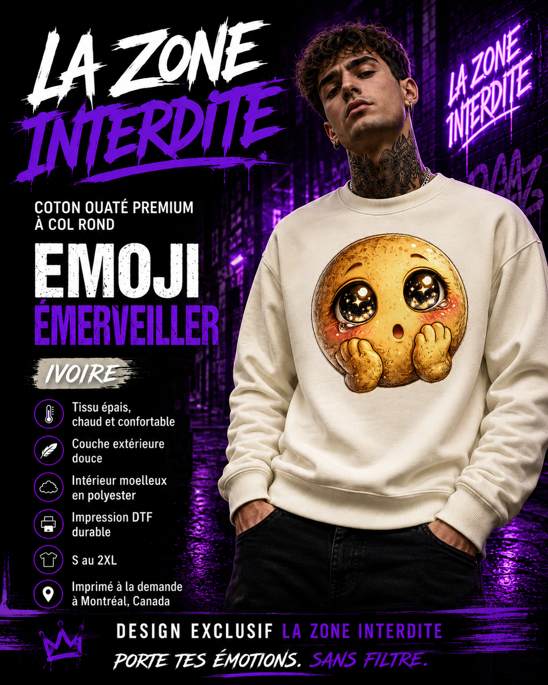 Coton ouaté à col rond Emoji Emerveillé