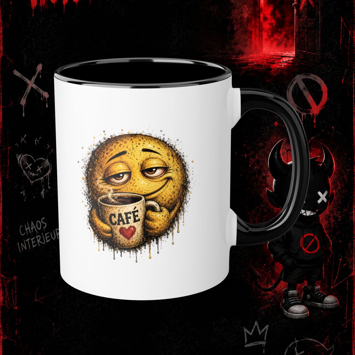 Tasse à Café La Zone Interdite Emoji Jamais Sans Mon Café – 11oz Rouge ou Noir